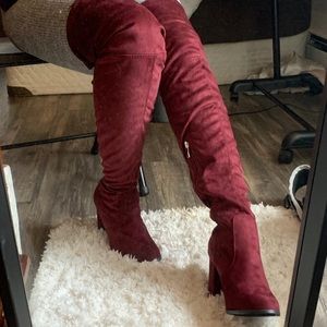 Burgundy sueded Thigh High Boots Darcy from Boohoo